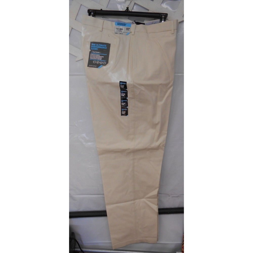 NEW Savane Men's Performance Chino Khaki‎ Flat Front Slacks Dress Pants 46x34